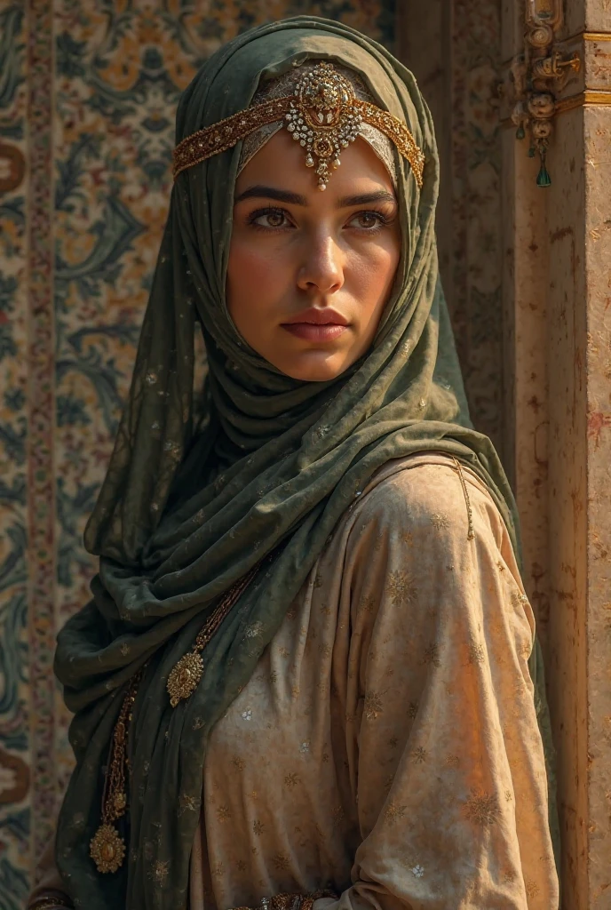1girl, solo, photography, portrait of arabarmor girl with group of army in dune, shield, sword, realistic, absurdes, detailed, <lora:ARWArabArmor:1>