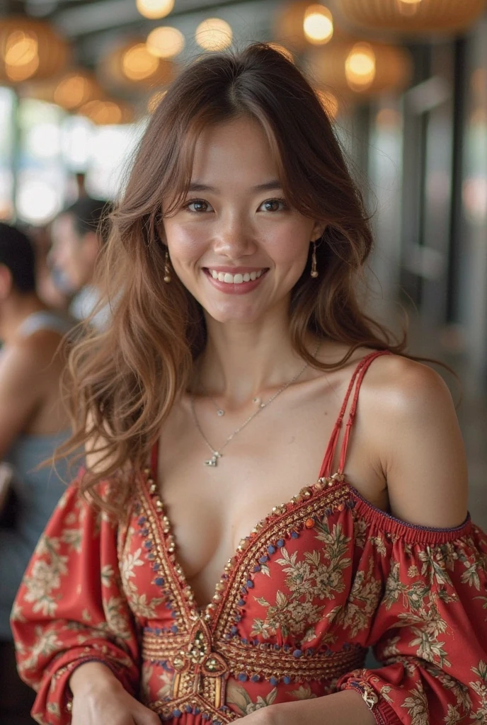 Half-length glamour portrait, nikon D850, f1.6 lens, 200mm, DSLR, 22 Megapixels, (((Park in Dubai scene))), shot of a stunning 19 years old korean girl, (smile:1.4), (wearing Bright red Ruffled maxi dress:1.6), ((seductive pose)), hot girl, (((big natural breasts))), (((black fringe hair))), (small girl), symmetrical face, photorealistic, photography, (bright natural lighting), gorgeous, deep cleavage, (masterpiece), best quality, high resolution, extremely detailed, cinematic lighting, (((very narrow waist))), rich colors, hyper realistic, lifelike texture, ((jewelry)), (((She has beautiful hands and wears rings))), (bracelet), (necklace), (ankle chain), (nail polish) (earrings), Fuji Superia 200, 8k
