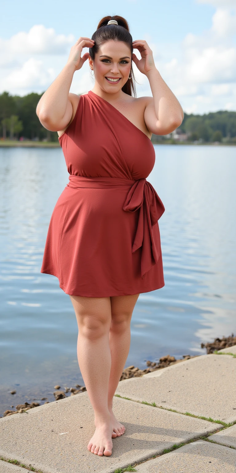 ((Best Quality, 8K, Masterpiece: 1.3)), Chubby woman smile ((best quality)), ((masterpiece)), (detailed), perfect face, USA woman fat in a dark-blue shirt and blue denim skirt walking down a street, thicc, she has a jiggly fat round belly, bbwchan, wearing tight sexy clothes, skinny waist and thick hips, widest hips, her belly is fat and round, soft curvy shape, hyperrealistic full figure, wearing a cute top, wide hips, cropped shoulders,Bare belly,(big assa:0.7),show legs,, thicc, beautiful thick female, beautiful curvy female,, Tall and tall,clear curvy details, curvy hourglass figure, alluring plus sized model, bbwchan, Voluptious body, Curvy model, Curvy body, Be red in the face, 1girll fat , a matural female, A MILF, the golden ratio,(Kpop idol),(Oil skin:1.2),(Oil skin:1.1) background High quality, HD, realistic, HDR. mountain refuge in grey stone, blends into the panoramic view of the mountain, spring landscape (green and flowery), edelweiss, lake, stream that winds, sunset, cool breeze. welcome mountaineers and hikers.
