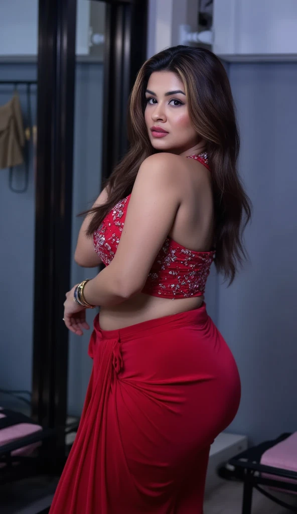 close up photo of sexy indian women , standing in office ,  grab her ass ,showing her ,bent down, figure, swooping breasts, deep cleavage, curvy, erotic kneel down, sexy armpits, seductive eyes, sultry, look at viewer and subtle  , red lips, ponytail, necklace, 4K, HD