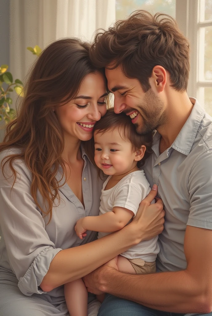 A portrait of my wife, My baby and I hugging each other