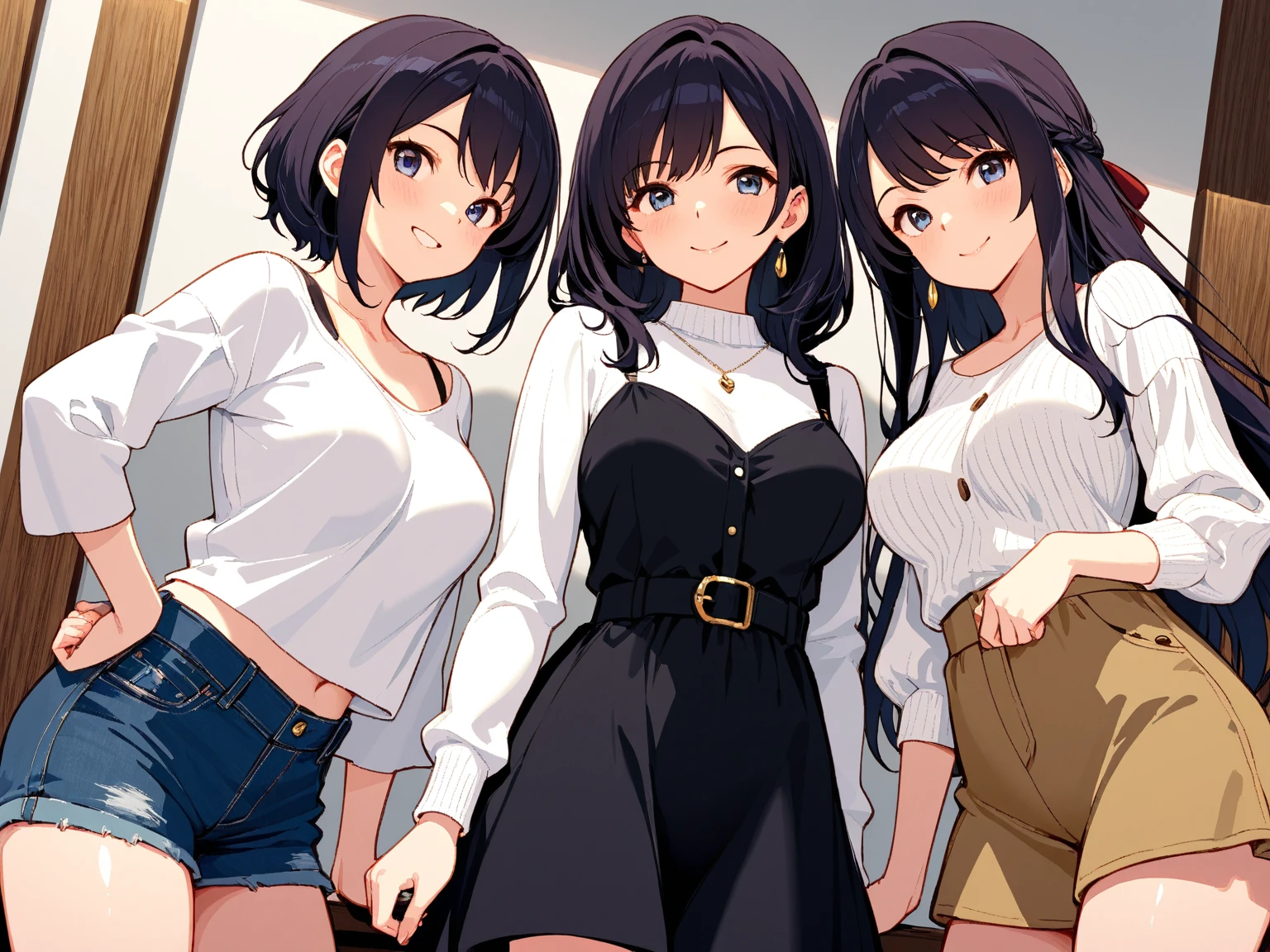 four sexy women in casual outfits, flustered smiles, various hair