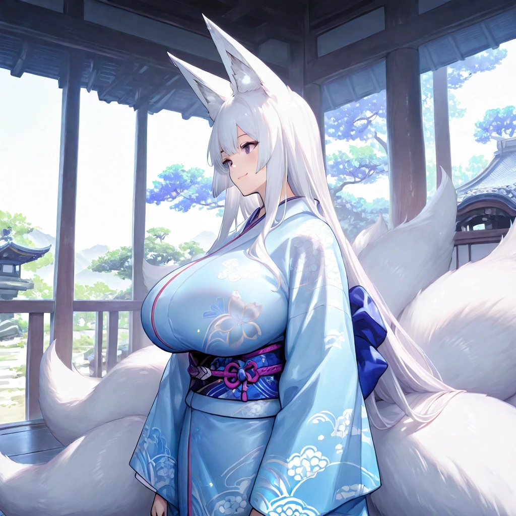 A kitsune woman, with short skirt kimono, silver hair, long hair, in a Japanese garden, big breasts, blue eyes, kitsune ear