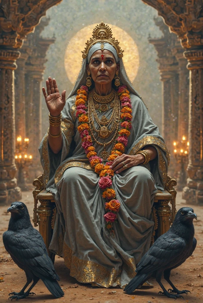 ((painting style)) (full body)(sitting on floor) (dark red ambience) (doing black magic creatures) (a cruel smile on her face) (scary ambience) A terrifying old Indian woman tantrik priest, piercing dark eyes, holding ominous black magic instruments, wearing a black saree, sitting and performing dark rituals, detailed eyes, cruel face, haunting atmosphere, chiaroscuro lighting, dark and moody colors, gothic horror, skull, blood, crows, intricate details, cinematic composition, dramatic shadows,