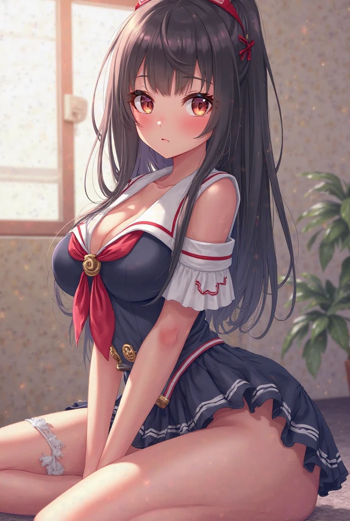 Masterpiece、Highest quality、Highest quality, (long and thin legs, shoes:1.2), Arm behind wrist, squat、Spread your legs、1 girl, (smile、Open your mouth大笑い:1.2), Cute eyes, (Detailed face:1.3)、Open your mouth, The whole face turns red, alone, Big and ample breasts, (Straight bangs, Twin tails), White maid outfit、(Side bust、Underbust)、belly button、Walking through the mansion&#39;corridor、nsfw