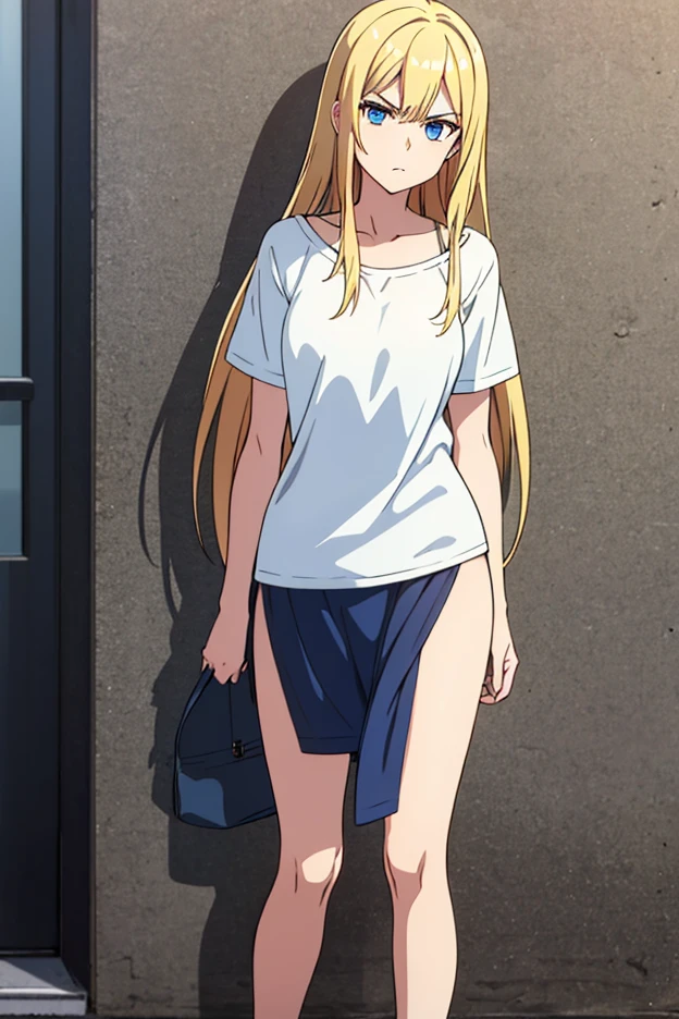 (Rose Oriana), One girl, alone, Yellow Eyes, Blonde, Long hair, camisole, denim skirt, sandals, barefoot, looking at viewer, dutch angle, squatting, city
