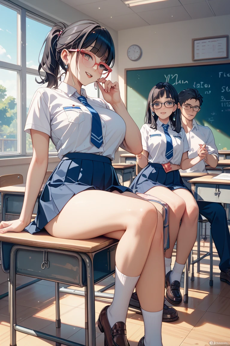 Big Breasts、A girl in a white gym uniform with erect nipples、Navy blue bloomers with a clearly visible slit、barefoot、classroom、A boy in uniform with an erection、Three boys fondling a girl&#39;s breasts
