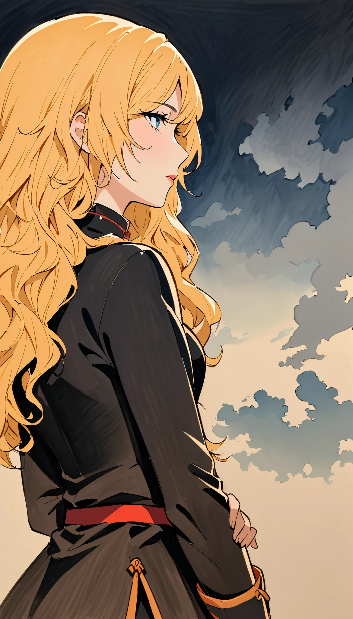 vintage movie, girl, wavy blonde hair, woman body, black top, black bodycon skirt, black boots, dark room, Silhouette of clouds, traditional media, Contemplative. yang xiao long from rwby