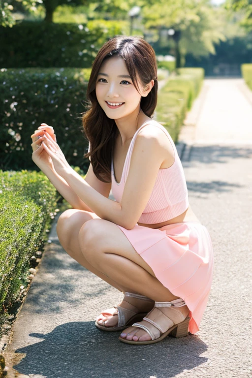 (((Using perfect anatomy, the limbs are carefully depicted down to the fingertips))),First Person,(最high quality,4K High Resolution,masterpiece:1.2),Very detailed,Realistic photo,perfect anatomy,Ulzan 6500,深い披写界深度が印象的なFull body portrait,Masterpiece,Ulzan 6500,(Photorealistic, capturing the essence of movement),(((Her hair is short and flipped out))),He has a slim, muscular body that looks like a coke bottle, and long, slender legs.,((A spectacular Japanese garden with a beautiful cluster of purple hydrangeas in full bloom.,Beautiful Shiho squats and smiles with satisfaction, with hydrangeas in the background.)),Wearing a T-shirt, a long pleated skirt and stiletto heels,4k photo from the front,masterpiece,最high quality,A handsome face with a straight nose,((Brown eyes and hair suit her)),Highly detailed face,Lovely smile with raised corners of the mouth, summer, Daytime,Full body portrait,((Photos that capture the essence of the action:1.4)),(Skin with attention to detail:1.2),4K Ultra HD Digital SLR,high quality,Film Grain,Fujifilm XT3,(Saiharu Body),(Delicate eyes and face),Professional angle,Excellent detail,Beauty condensed in 1girl,Beautiful chestnut-colored bouncy hair,A high nose, clear brown eyes and glossy lips,Emphasis on fluidity and beauty,Camera parameters: Nikon Z6,f/1.4,ISO320,Shutter Speed 1/500,8K最high quality,A photo with a striking contrast of light and shadow,