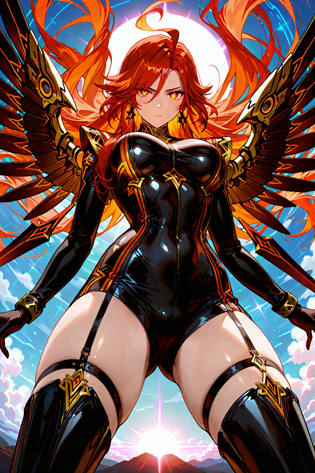 Adult woman, long red curly hair, Heterochromia, red and yellow eyes, fox ears and tails, Superhero Uniform Red, open thighs, ssmile, fire, Masterpiece, hiquality