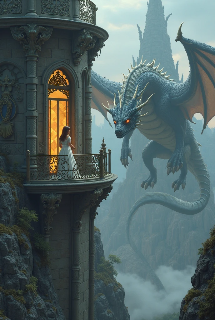 An imposing and frightening dragon in the middle of a forest, looks closely at a single beautiful flower that holds a dragon egg in its core.