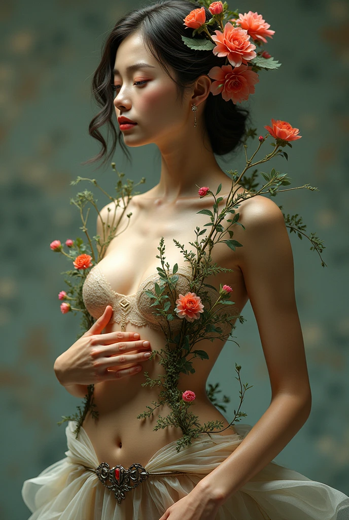 ((Full nudity))、(((masterpiece, Highest quality)), 1 girl, (Realistic: 1.4), alone, Pink Background, Dark brown hair, ((blunt bangs))、hime_cut、Short Hair,smile、 ((whole body)), Very beautiful woman、Slender women、(Detailed face)、Realistic Skin、((Delicate photo)),(Girl Masterpiece RAW Photo Details:1.25), (Highest quality:1.6), (Ultra-high resolution:1.5), (Realistic:1.75),8k resolution, ,50mm,Absurd, Ultra-detailed,Cinema Lighting、Gravure idol、((Lots of flowers))、Flower Art、Rear View