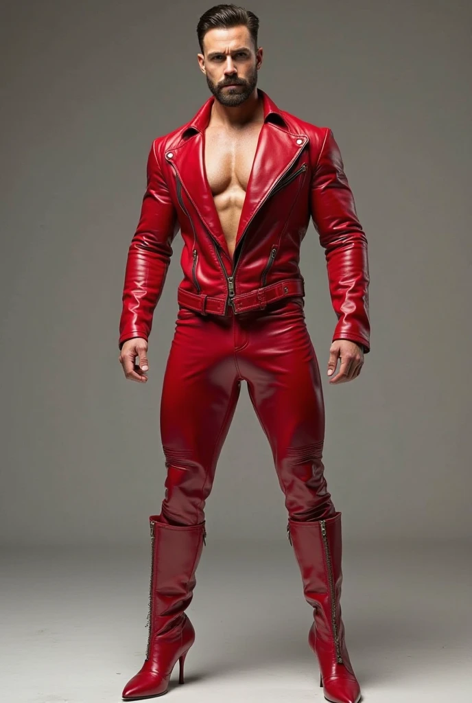 white male pro wrestler, with shoulder length blonde hair, dark stubble, with black and red long pants and black leather jacket, hairy chest