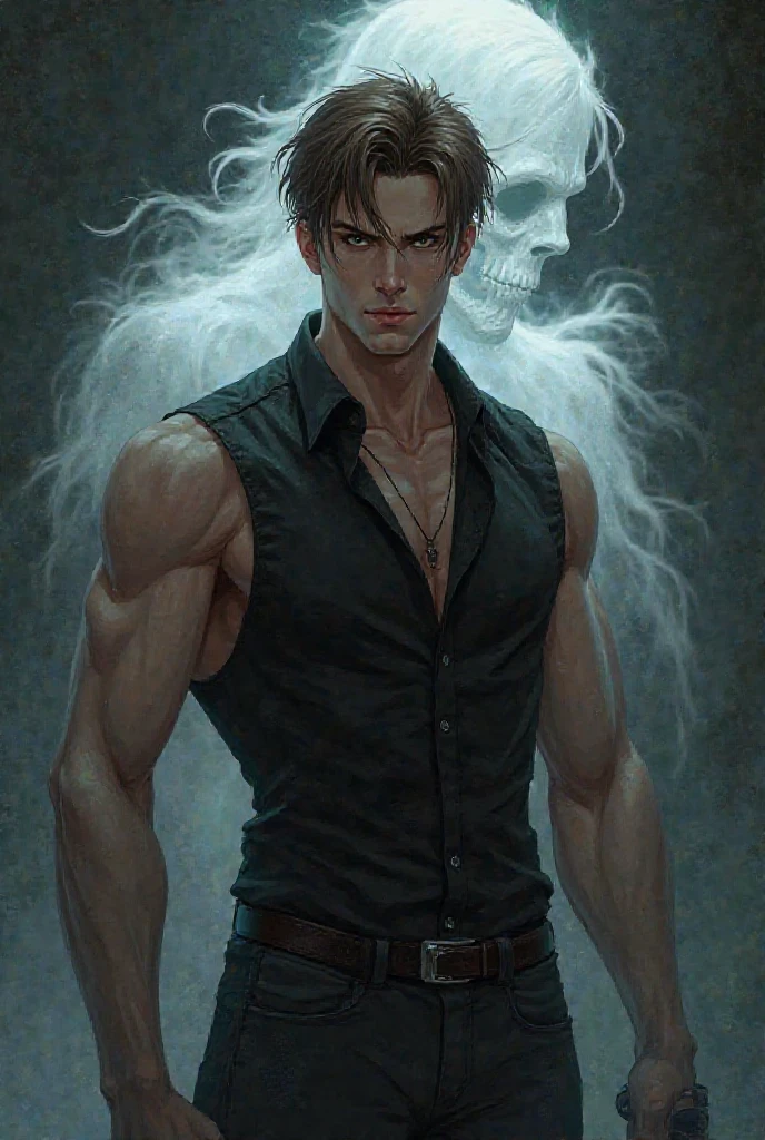 A HANDSOME GUY WEARING WHITE SHIRT, BLACK HAIR, FIERY EYES, FIERY ARMS, FIGHTING SKELETON