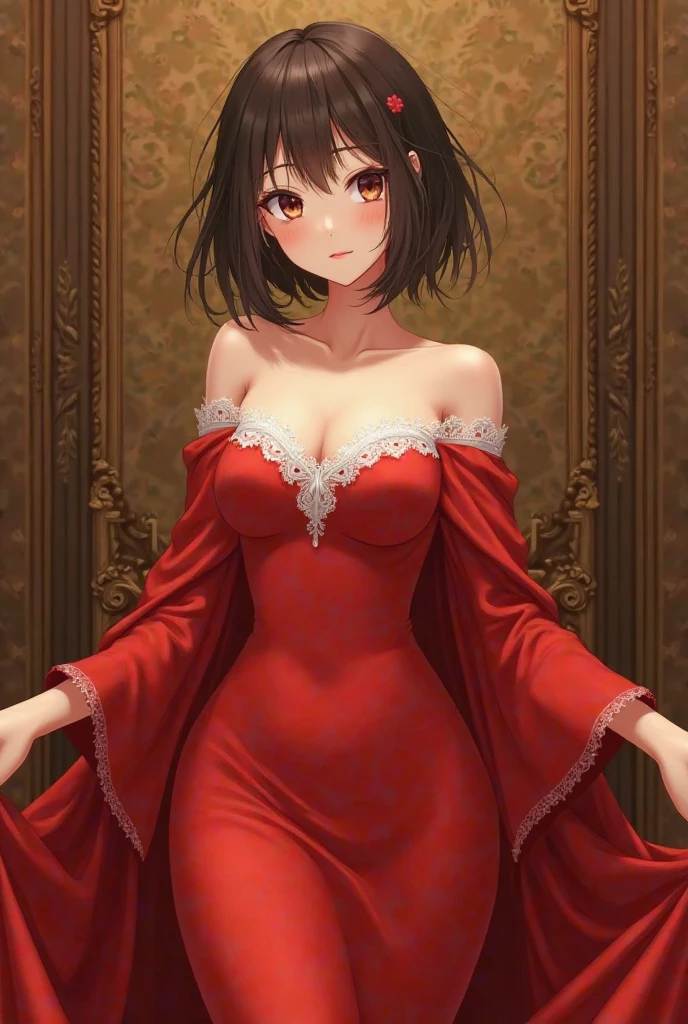 One 14-year-old girl, ((A very luxurious and sparkling red party dress))、(Black Hair、Inner color hairstyle), very beautiful and smooth hair, Facial Contour, Remember, Party Venue, brilliant lighting、splash, Lens flare,, Natural Color, High resolution, Very delicate, Very detailed, 8k,（There is swelling of the breasts、About B cup(,((Sexual))、Angle of view from head to toe