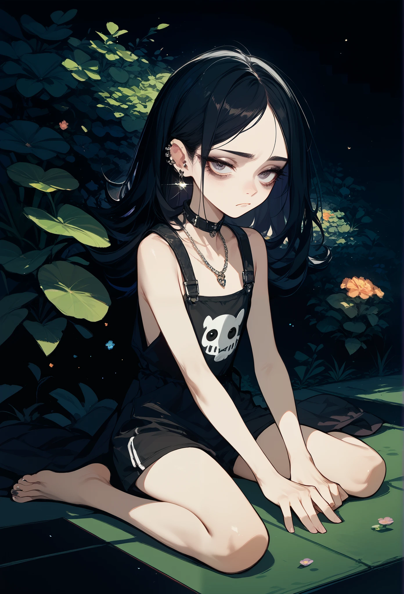 Masterpiece, best quality, Young Girl, black hair, piercing eyes, curvy body, dark background, sitting on the floor, ghotic outfit, EYE BAGS, tired, eye shadow, garden