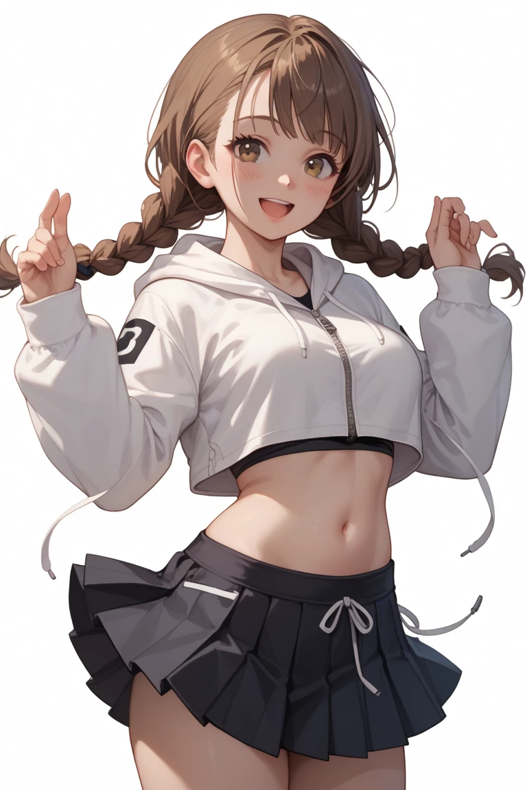 <lora:sunazuka akira:1>,sunazuka akira, 1girl, brown_eyes, black_hair, hair_between_eyes, long_hair, open_mouth, twintails, medium breasts, 1girl, bangs, black_choker, black_hair, blush, choker, cropped_legs, drawstring, green_background, hood, hood_down, hooded_jacket, hoodie, looking_at_viewer, open_mouth, smile, solo, two-tone_background