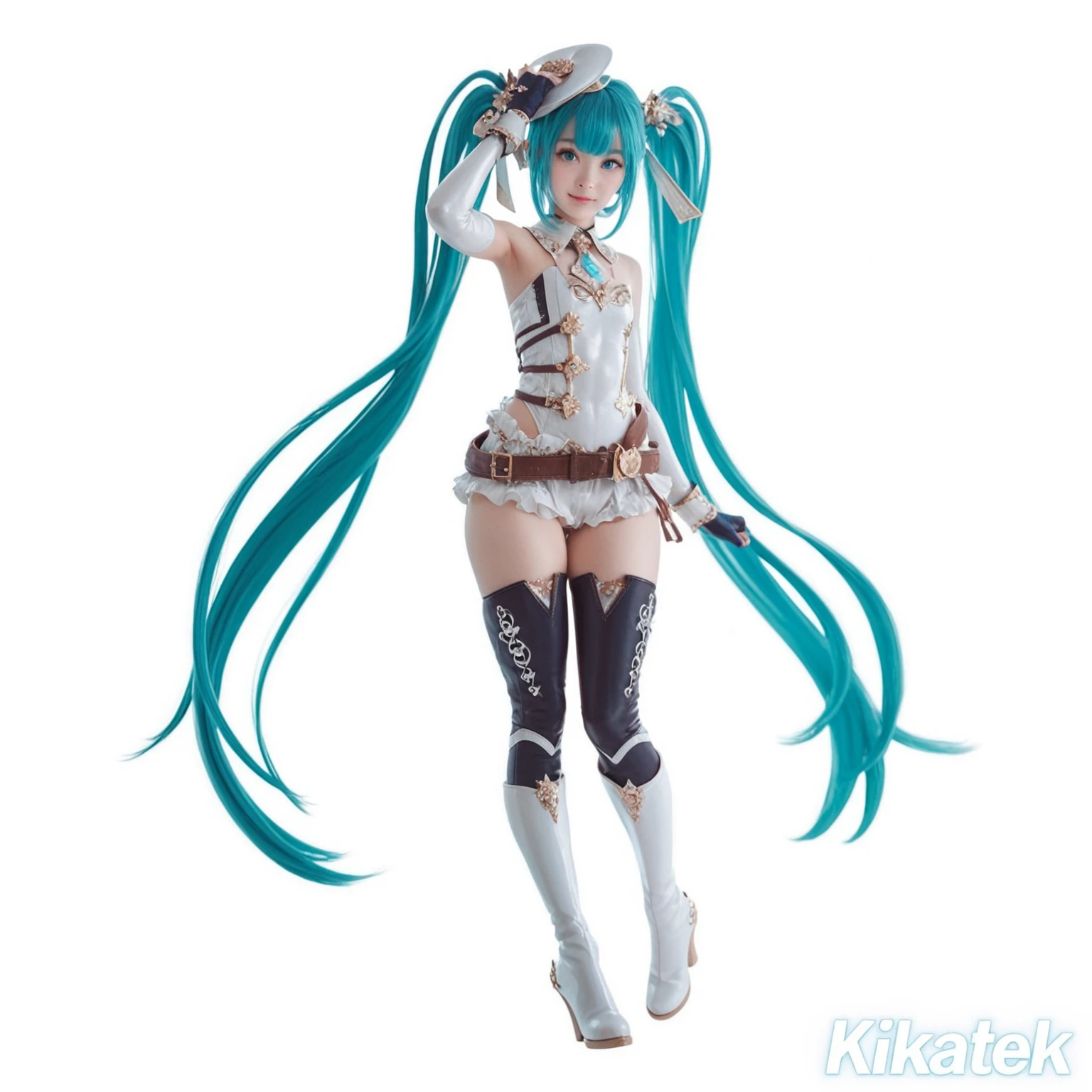 beautiful face,from behind,1woman,curvy, best quality,masterpiece,ultra-detailed,((bikini cyborg robotic parts))) ,(light blue hair),long hair,wave hair, twin tail,medium shot,((seductive smile)),(black eye),hime cut,(cowboy shot), on all fours,spread legs,