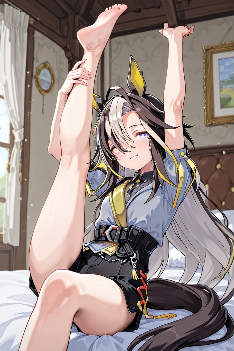 tmasterpiece，Best quality，
1girll， 
Mumu，long whitr hair，Brown hair and green hair，pointy ears，Yellow eyes，hair adornments，Moles under the eyes，little breast，鎖骨，By bangs，Throw a wink，ssmile，blush
Face the audience，sat on the ground，Put your hands behind you，（（Spread your legs）），（（The lower body is unobstructed）），（（The lower body is unobstructed）），（（Black lace panties）），（（Black lace panties）），The legs are forked，（（The legs are forked）），（（White pantyhose）），（（White pantyhose）），（（White pantyhose））