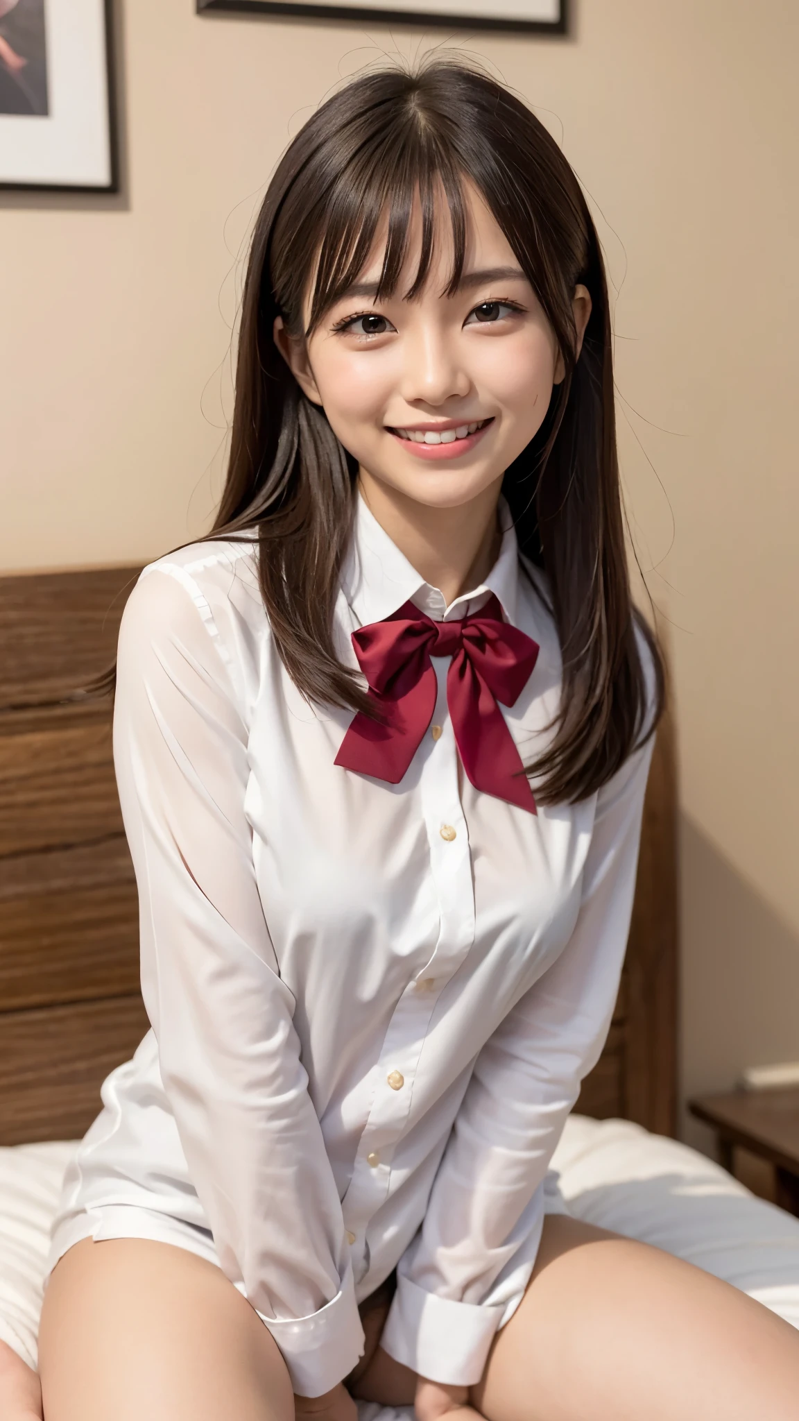masterpiece, full body shot, directly front view, 1girl per 1photo, a Japanese young pretty girl, hyper pretty face, big smile, wearing only a shiny silk white collared shirt unbuttoned with long sleeves directly in naked body, shiny satin sheets on her lower body, red satin bow tie, sitting on a shiny satin bed, spreading her legs, glossy lips, big smile, double eyelids in both eyes, natural makeup, shiny smooth brown long hair, asymmetrical bangs, tanned skin, head in the frame, central image, 8K resolution, high detail, detailed hairstyle, detailed face, cinematic lighting, octane rendering, vibrant, hyper realistic, perfect limbs, perfect anatomy