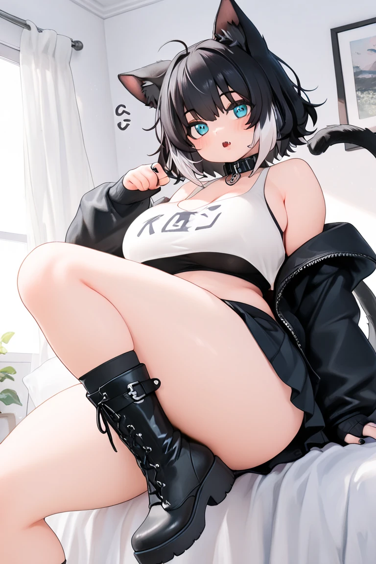 1girl, solo, petite, huge breasts, goth girl, eyeliner, blue eyes, black hair, long hair, bracelets, spiked bracelets, wristbands, animal collar, hair over one eye, thigh highs, knee high boots, shirt, skirt