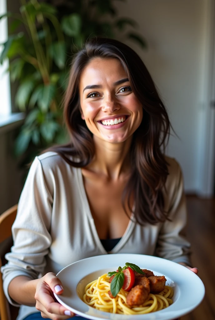 Create an advertising-style image of a young fitness girl eating a ketogenic-type food recipe. She is looking at the camera as well.