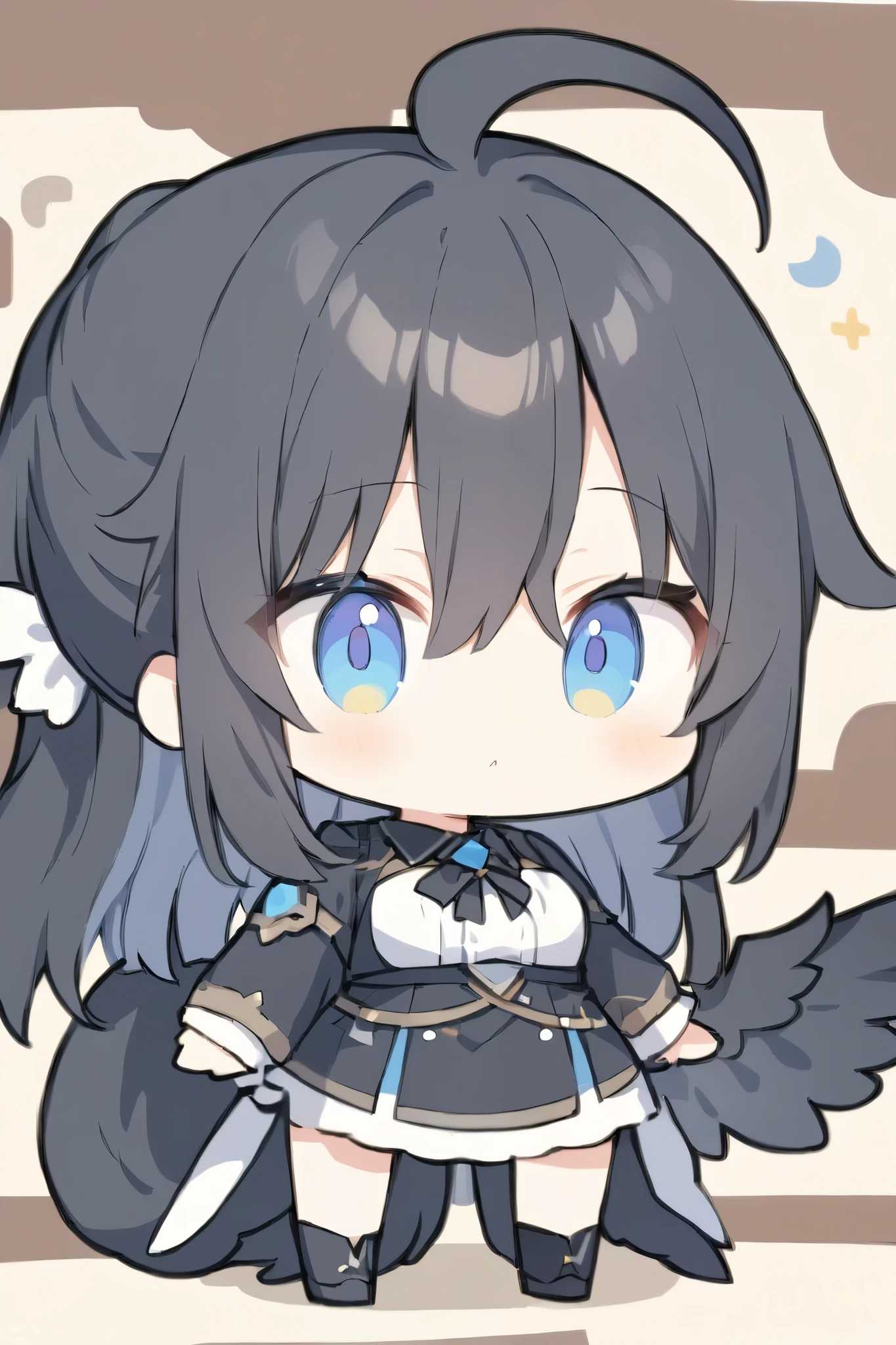 、 chibi、 chibiキャラ、 chibiキャラクター、Super Mario background、have a sword stuck in them、black feathers are falling、there is a white fox、
Character details(flushed cheeks 、confused、black hair、Hair color、long hair tied back、The sides of the bangs are 、hair between eyes 、ahoge、side hair extends to the chest、hanging eye、blue eyes、Black bird wings on the back、black bird tail 、)1 girl, solo, standing up picture, standing up picture, high resolution, Viewers