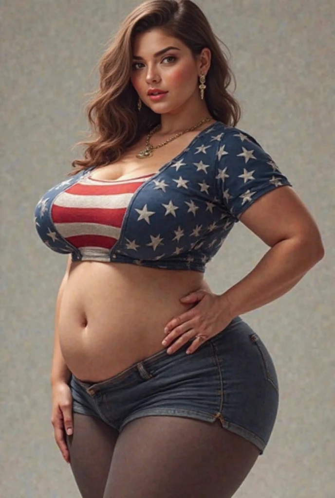 best quality, high rating, girl, young, blonde hair, blue eyes, morbidly obese, extremely obese, immobile, immobile blob, slob, fat legs, fat arms, flabby arms, fat face, fat cheeks, flabby cheeks, quadruple chin, messy eating, stained with food, surrounded with food covered in grease, covered in sauce, sweaty, bikini, bikini top, american flag bikini, shorts, jeans shorts, ripped shorts, undersized clothes, undersized shorts, undersized bikini top, cowboy hat, full body front view