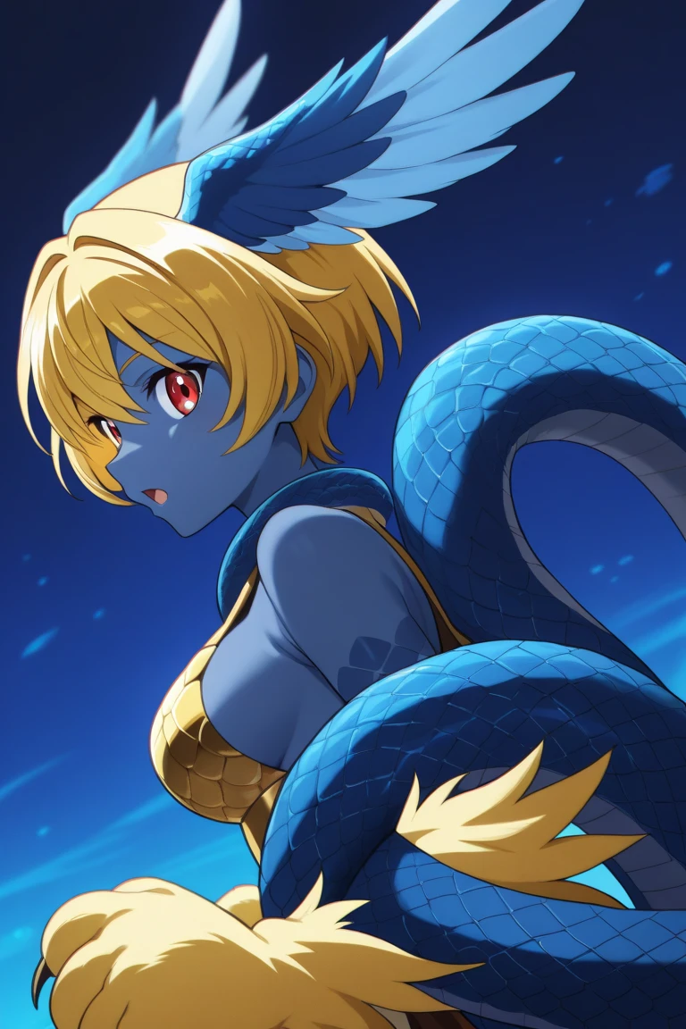 Dragon, small girl, dark blue scales, large tail, large hips, small breasts, golden hair, blue eyes, purple horns, magic robe.