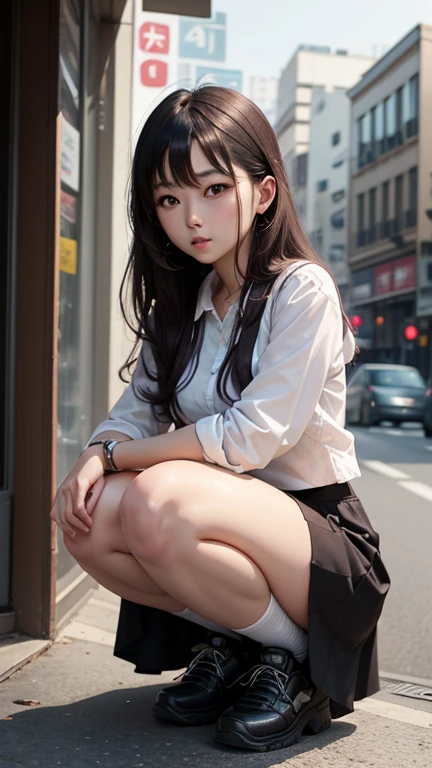 angle from below, Move your center of gravity back, pretty embarrassing, no panties, thin legs, tight skirts, knees at 90 degrees, heels on the ground on, hands in front of my feet, kneeling down, sidewalk, RAW photos, 8K, highest quality, ultra-high resolution, beautiful faces detailed, real human skin, gentle expressions, Front view, long hair, realistic, photorealistic, cute, short skirt, squatting to spread legs deep, in the city, cute school girl, Japanese schoolgirl uniform, wearing Japanese school uniform, surreal high school girl, whole body,