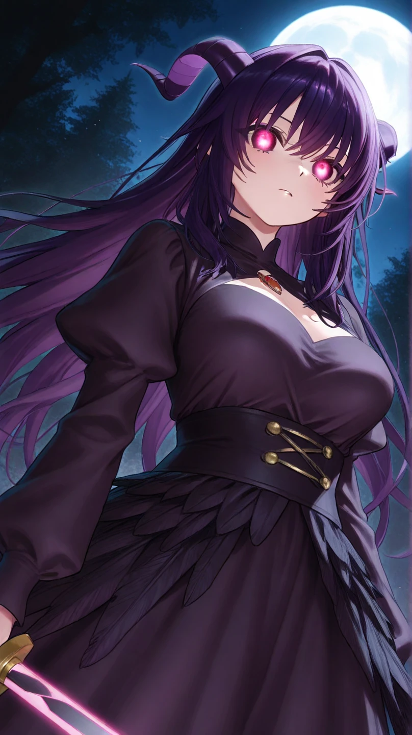 long dark purple hair, purple eyes, beautiful, domestic, woman, sly smile, black dress, blood spattered
