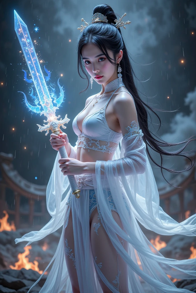 Female Illapa in a Battle with a Serpent of the Sky: Female Illapa faces off against a massive serpent of the sky, her spear of lightning crackling with energy. Her dress is a stormy mix of dark clouds, and her expression is one of fierce concentration. The serpent coils around her, but she stands fearless and powerful, ready to strike. (having beautiful breasts: 1.33), (no having clothes: 1.77).