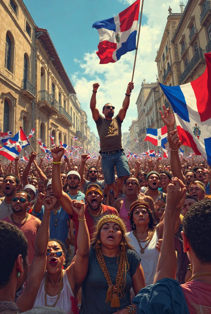 Create a group of 4 people, 3 men and 1 woman, on a stage with a full stadium. Two men in the group must have curly hair, the other must have short black hair. One of the men with curly hair must have a dark skin tone and must have a Chilean flag.