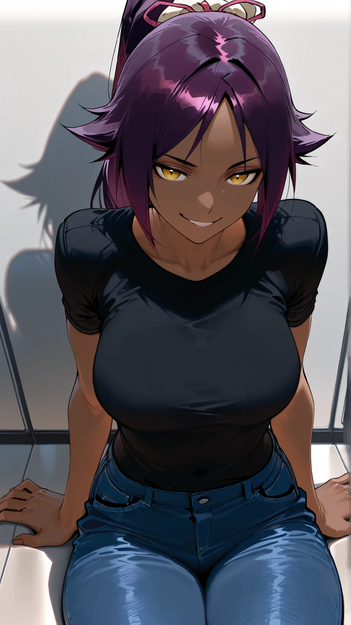 masterpiece, best quality, incredible quality, Yoruichi Shihouin, looking at the spectator, looking at the viewer, looking straight ahead, sitting, Diabolical smile, shorts jeans, in the office , shadow,