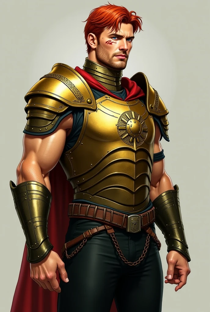  Illustration in Leyendecker style: Handsome shirtless squire, 16yo, muscular blonde, hairy chest, dressed in half-removed armor, Defloration of a young girl, deprives her of her virginity