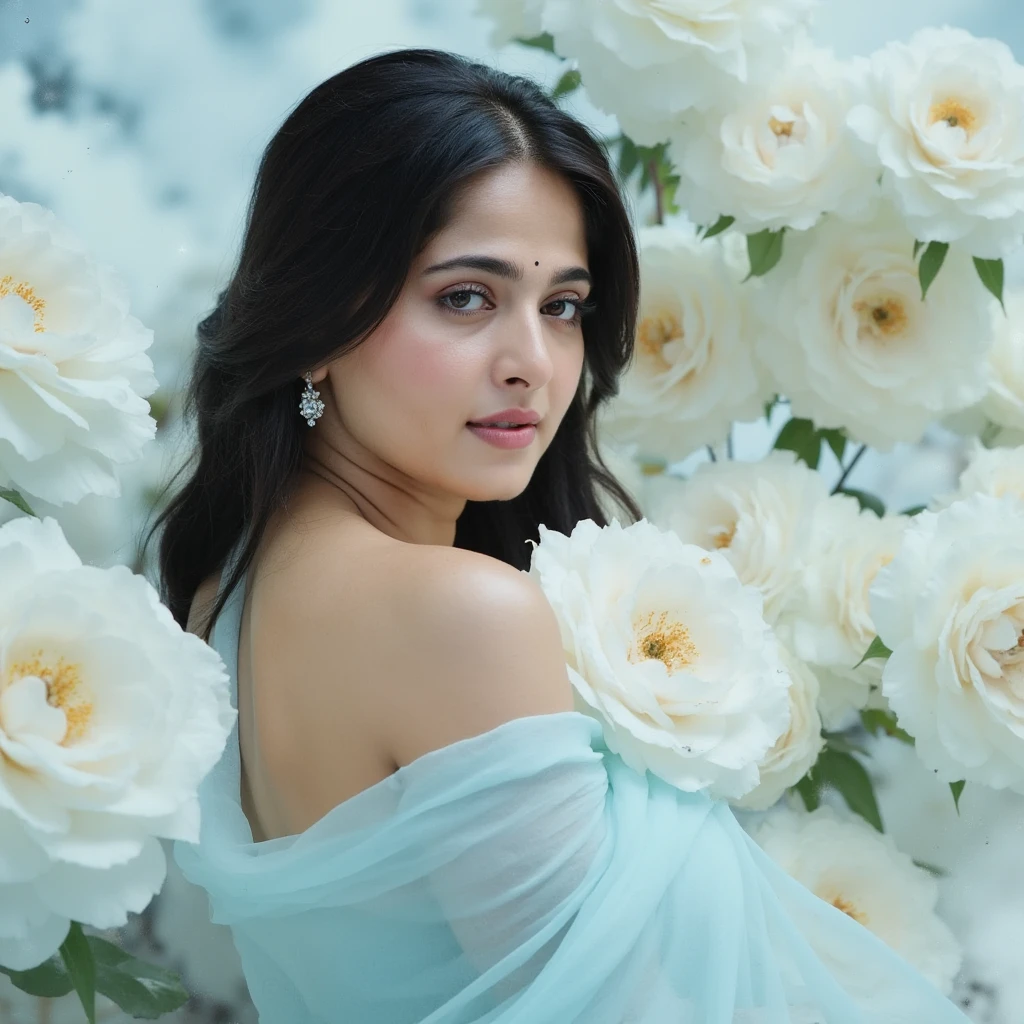 Portrait of A confident-looking indian woman with long flowing hair, hazel eyes, with flowing colourful capes, c-cup breast, perfect fit body and shape, sitting in water, waterfall background, bokeh, bokeh perfect composition, hyperrealistic, super detailed, 8k, high quality, trending art, trending on artstation, sharp focus, studio photo, intricate details, highly detailed, art by greg rutkowski