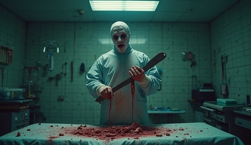 Extreme Long Shot, Surrealist art, full body image. The man has gothic make-up with stitches, his face looks burnt, parts of his head are visible, the hospital patient's clothes are dull and dirty with tomato sauce spots. Sitting on the emergency bed. background of an ancient shiny black ambulance with a coffin beside it. Pulse fiber effect combination of red thick syrup droplets. gloomy light. background of old dirty dirty abandoned cemetery. 3D render.HD