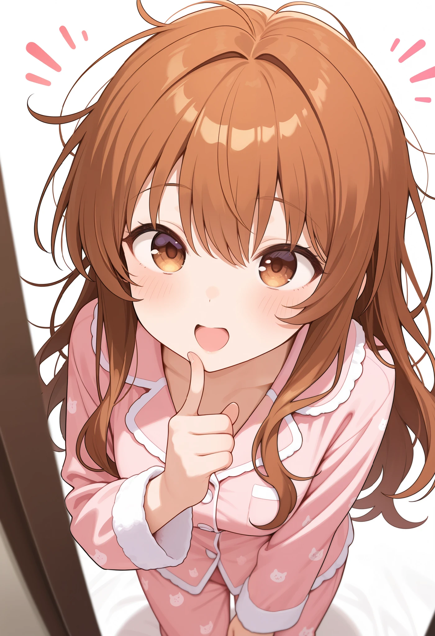 from above, masterpiece, best quality, amazing quality, very aesthetic, newest, cute girlfriend looks up, points finger and shouts something, pajamas, messy hair, absurdres, highres