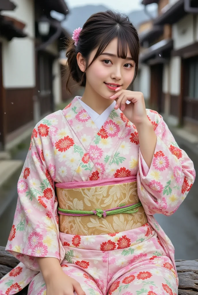 white kimono、pink Japanese pattern、(Furisode:1.5)、or、(top grade)、1 woman、16 years old、Full body Esbian、black haired、tie hair back、(realistic:1.7)、((best image quality))、absurd、(超A high resolution)、(Photoreal:1.6)、Photoreal、octane rendering、(超realistic:1.2)、(realistic face:1.2)、(8k)、(4k)、(masterpiece)、(realistic skin texture)、(enlightenment、movie lighting、wall-)、(beautiful eyes:1.2)、((((perfect face))))、(Cute face like an idol:1.2)、( Are standing)、shrine、Bird ready、(January)、detailed cute face、real beauty、laughter、