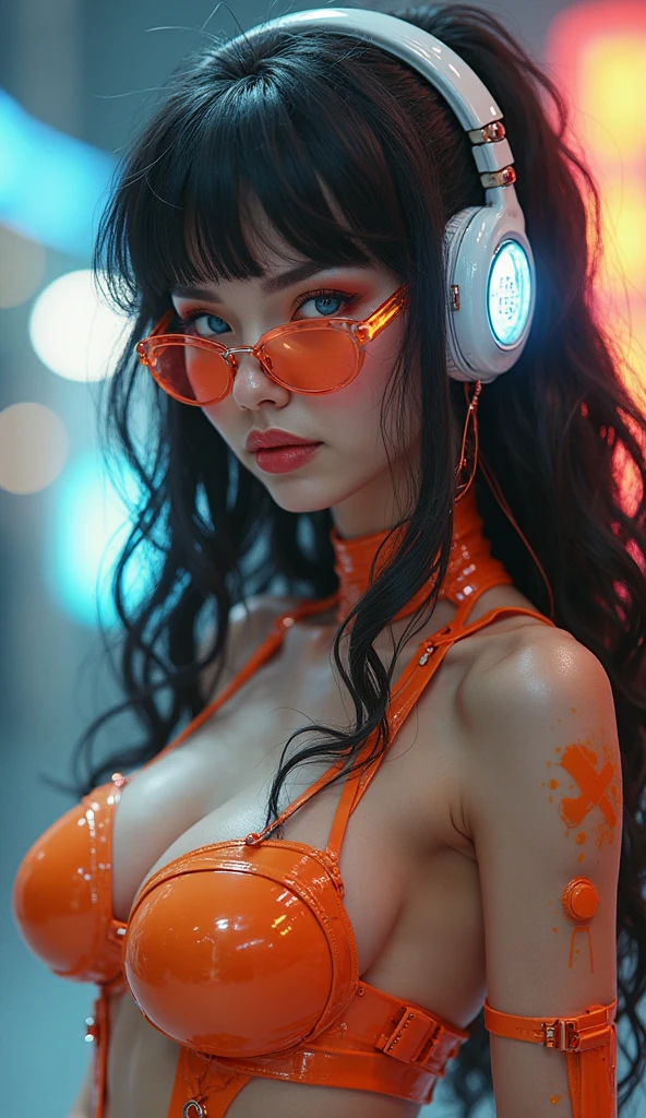 Beautiful android , AI teenlo, adorable cute , mesmerising, expressive face, vr girl, ((green blue golden gradient detailed hair)), cyberpunk futuristic style, ((bright glassy brown eyes)), smoky eyes, pearly illuminated realistic skin, curvy body, medium cleavage, wet glossy reddish full lips, close up, medium shot, half body shot, HDR, Ultra High Definition, highest quality, absurdres, masterpiece, digital world, (black background), glittery, glowing light particles, focus on face, cybernetic head accessories, wireless futuristic head set, microphone, high detail texture, contrast, wavy vibrant green blue orange colours hair, glowing, bare chest, bare shoulder, deep cleavage, light particle dust, colorful glowing orbs, rimlights, back retro-illuminated, alluring smile, modern digital metal chocker, full boob, center frame, juvenile, youthful, young, adorable, cutie, ((14yo)), pless)), nsfw