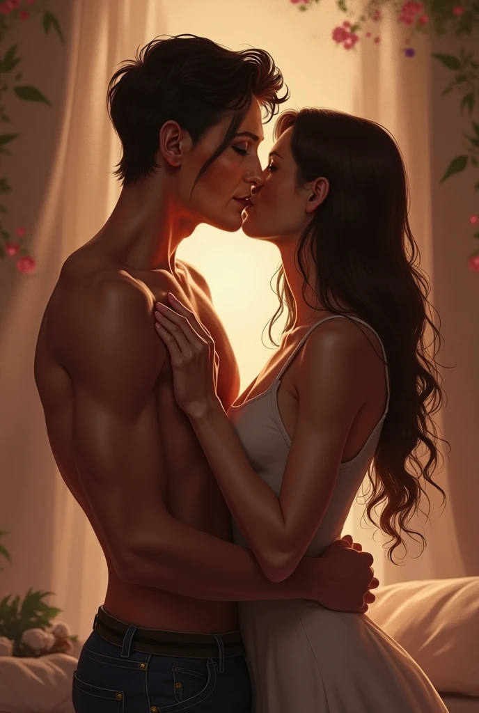 Make me a digital drawing of a white woman with long brown hair, dark brown eyes and a man with black hair, very white skin, good muscle mass and dark brown eyes while hugging each other