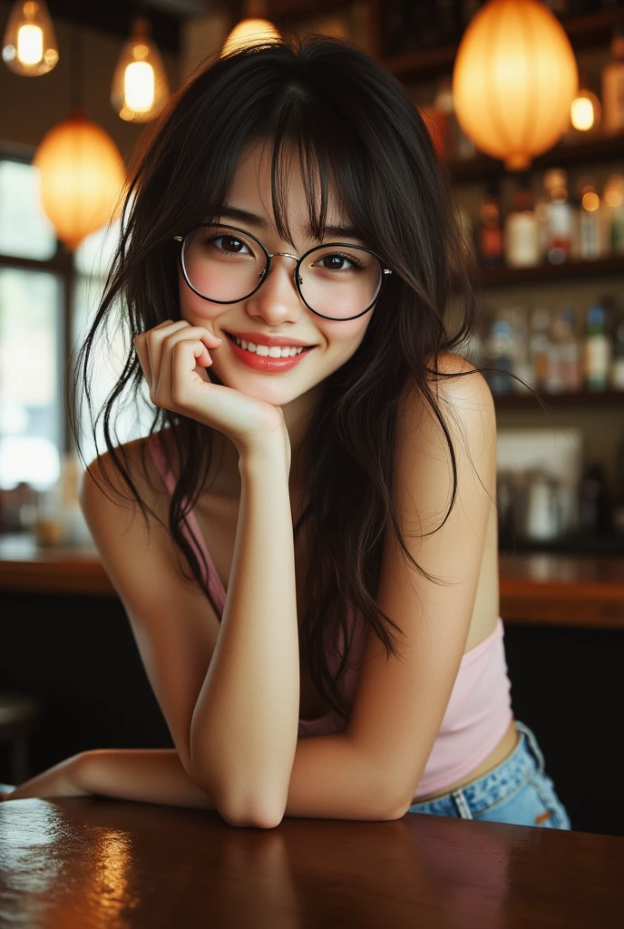 Beautiful young girl,Glasses with narrow frames,Face lighting,最high quality, ((((Very smiling,Summer women's clothing,Beautiful feet,Cafe,evening))),非常にBeautiful detailsな顔, (Slender body:1.4), (Detailed face:1.2), Conceptual Art, high quality, Realistic, Very detailed CG 統合 8k 壁紙, Very detailed, High resolution raw color photos, Professional photography, Cinematic Light, Beautiful details, Super detailed, Advanced Details, Depth of written boundary, Super stylish lighting, (Beautiful small chest:1.2), Smooth and flawless skin, Expressive and captivating eyes, Well-defined facial features, A perfectly balanced face, Fine Details and Realistic Textures,Blurred Background