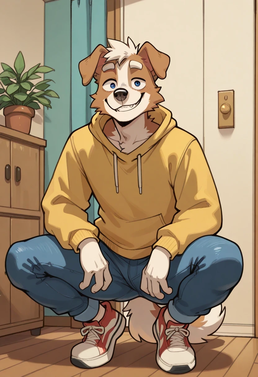 best quality, amazing quality, very aesthetic, Absurds, newer, Michi_(Oc), by gr3yyy , room, Plants, BREAK, seductive look, ojos negros
hairy, 1 , Alone , hairy male, male focus, hairy, animal ears, dog ears, dog boy , yellow sweatshirt, skinny jeans, squatting , En cuclillas, white sneakers, fluffy tail, flirtatious expression, smiling