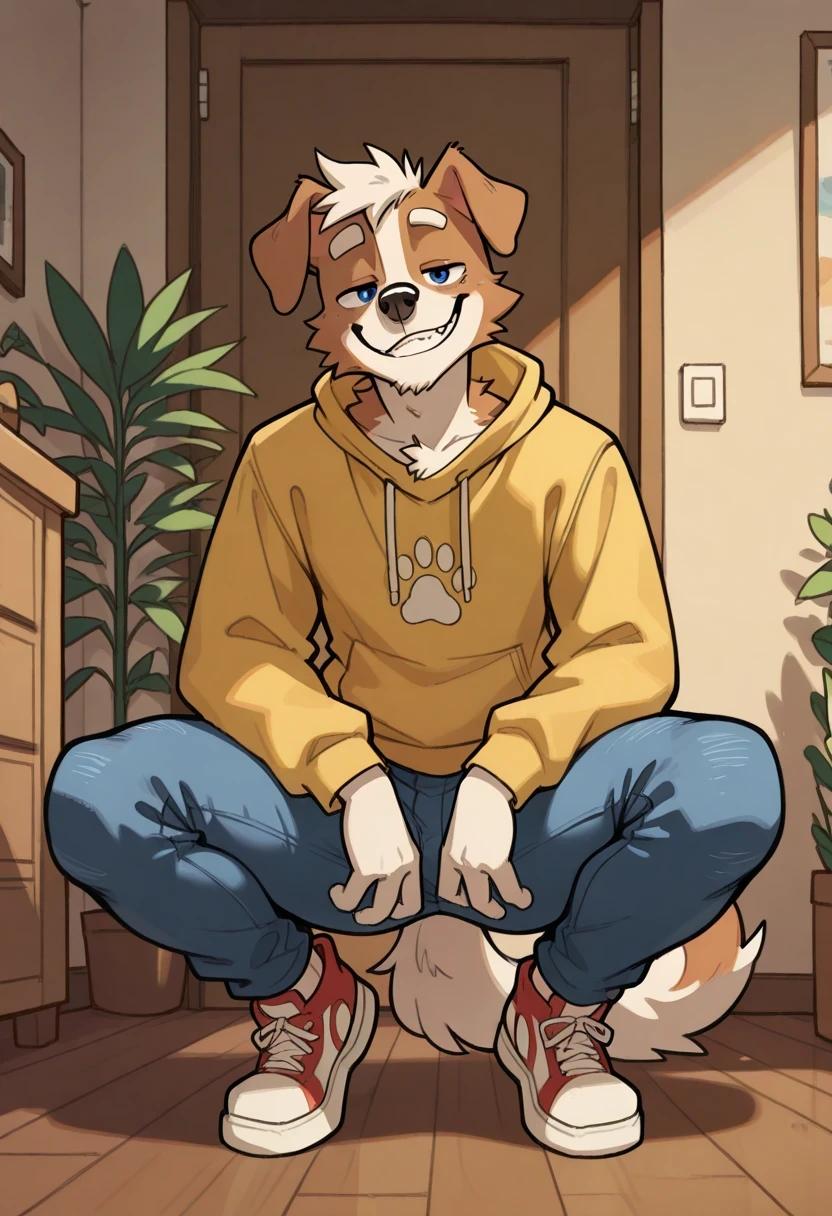best quality, amazing quality, very aesthetic, Absurds, newer, Michi_(Oc), by gr3yyy , room, Plants, BREAK, seductive look, ojos negros
hairy, 1 , Alone , hairy male, male focus, hairy, animal ears, dog ears, dog boy , yellow sweatshirt, skinny jeans, squatting , En cuclillas, white sneakers, fluffy tail, flirtatious expression, smiling