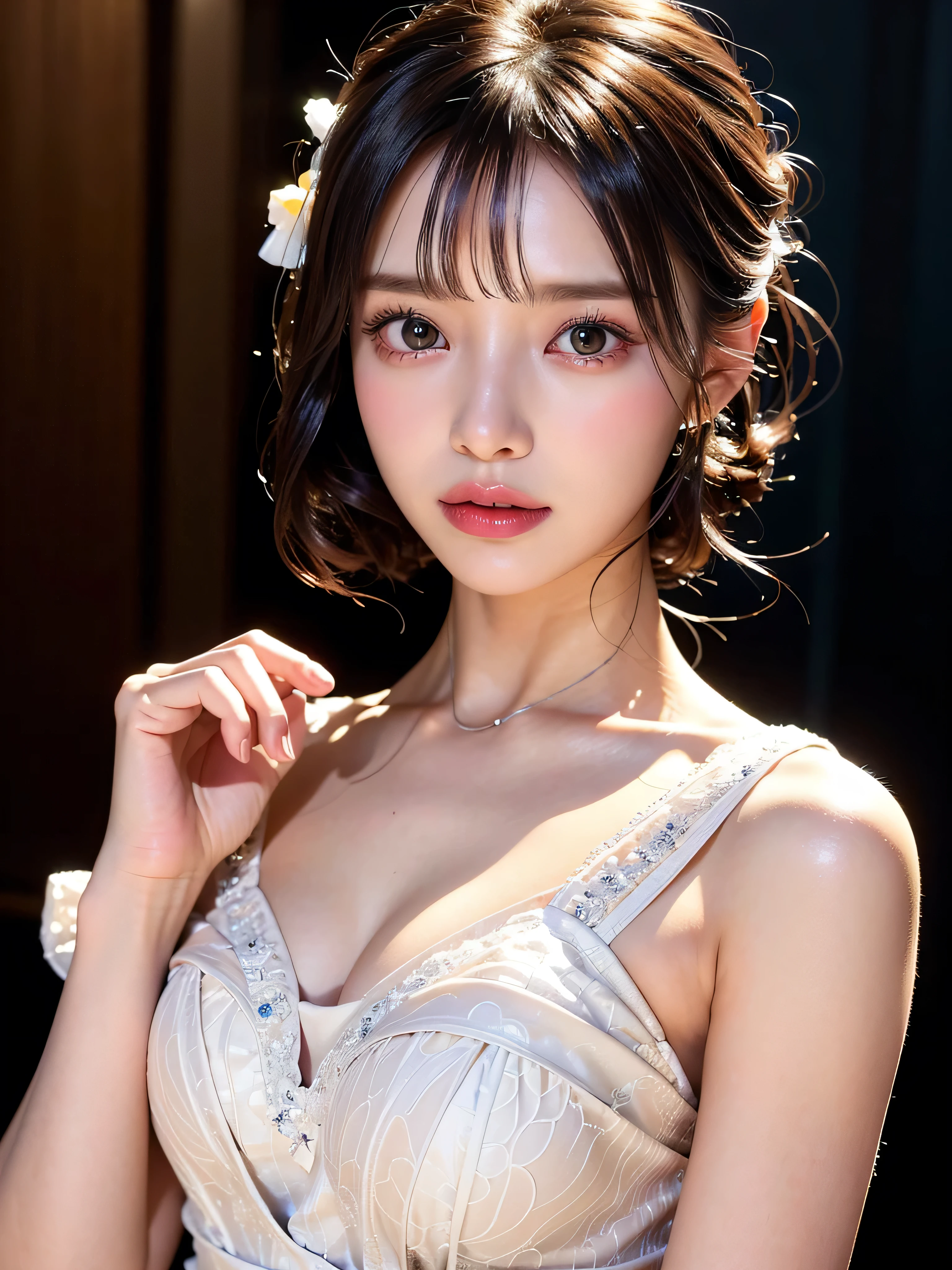 ((((masterpiece、Highest quality、High resolution、Tabletop、wallpaper、Realistic、Bright lighting、Professional Lighting、Face Light、Smooth lighting、Japanese women、Beautiful woman、action、gravure、sexly、so beautiful、Beautiful Skin、Beautiful and exquisite、Detailed face、slim:1.5))))、((Big Breasts:1.4))、((((Japanese,20-year-old,One Woman:1.5)))),smile,Close mouth,accessories, Earrings, Luxury Lounge,evening gown,dress,cabaret girl, hostesses