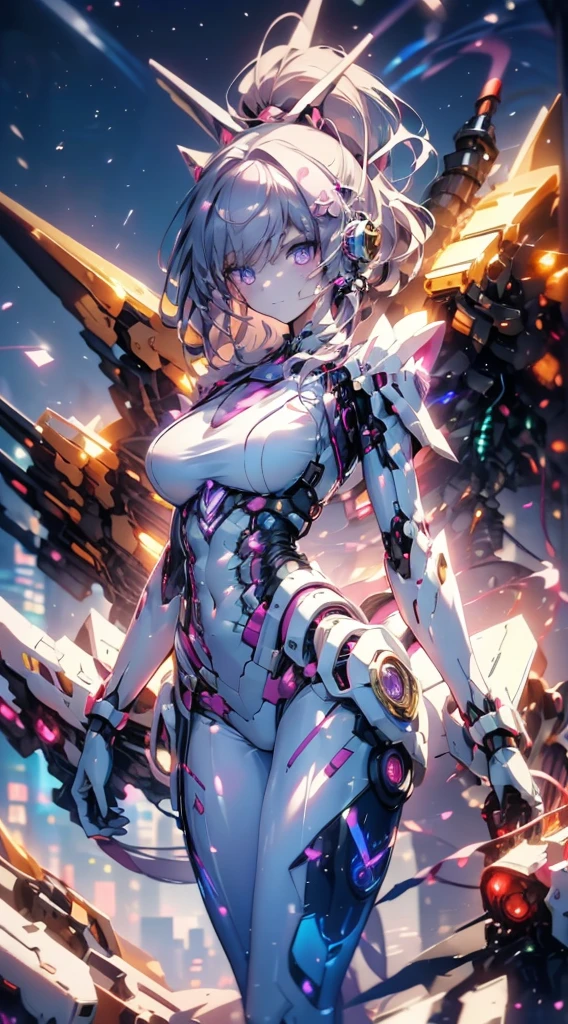 best quality,4k,8k,highres,masterpiece:1.2),ultra-detailed, extremely detailed eyes, extremely detailed body, (large masterpiece digital art), (detailed manga illustration), (detailed line art), ((perfect anatomy)), high quality, expressive eyes, full body, tall girl, detailed face, beautiful face, perfect face, breasts, cleavage, gloves, A photograph of mid-twenties Japanese female android made of shiny white and silver translucent glass and plastic, geisha makeup and hairstyle, silver metal internal body mechanisms, dynamic pose, flowing organic construction, glowing golden circuitry, colorful neon trim, glowing circuitry, neon trim, depth of field focus f/2.8, art by H.R. Giger, Greg Rutowski, bodysuit, thick thighs, toned, emblem, cinematic lighting, dynamic lighting, 4k resolution, dynamic pose, weapon, energy weapon, cover, mecha musume, fortified suit, mechanical parts, headgear, robot joints, bodysuit, deva battle suit, gloves,