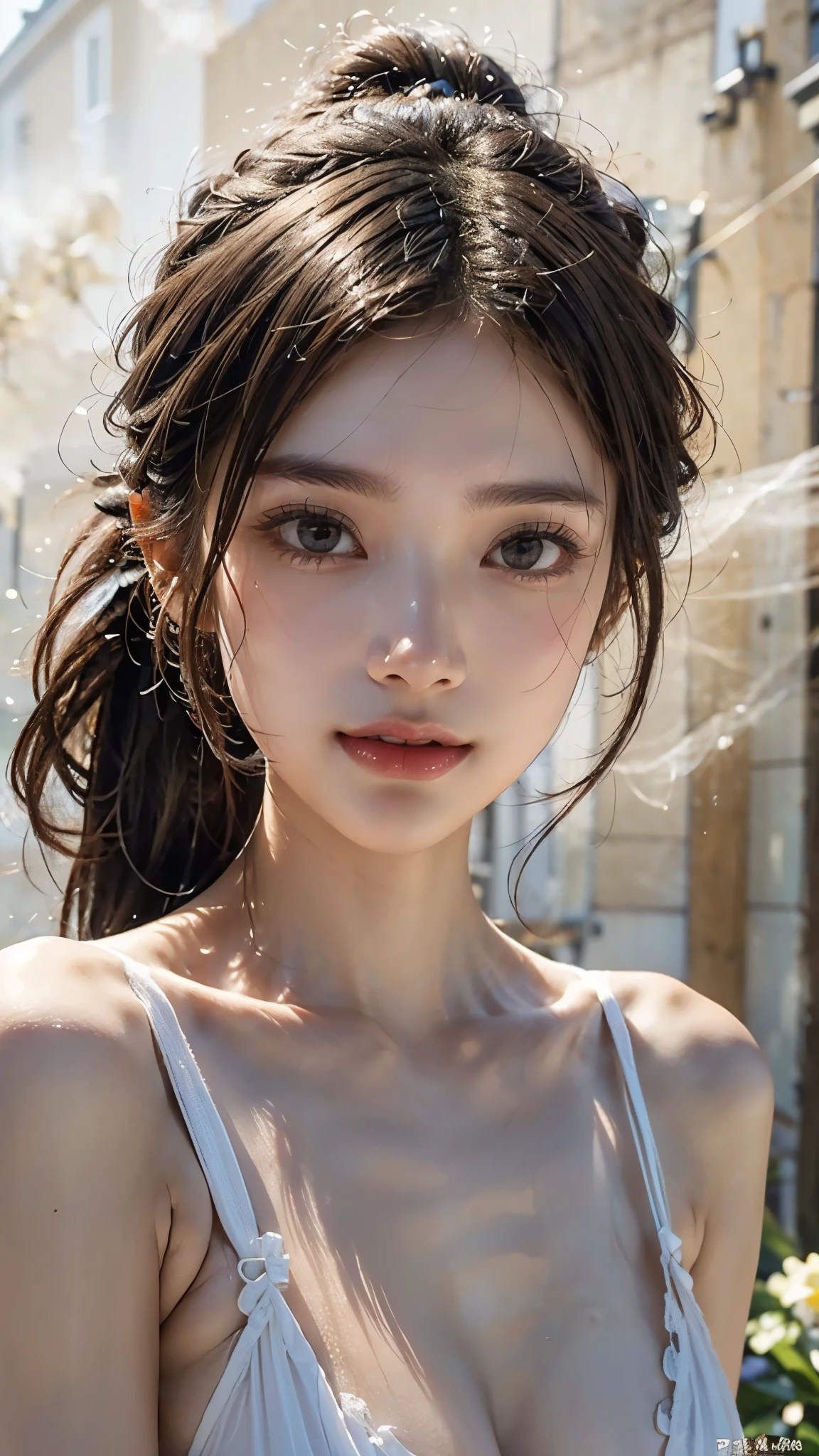 1girl, extremely detailed eyes and face, beautiful detailed eyes, beautiful detailed lips, longeyeLashes, realistic skin, wet hair, messy hair, realistic fabric, deep dark eyes, graceful face, looking at viewer, movie-like style, cinematic, detailed hair strands, perfect makeup, light and shadow effects, chiaroscuro, clear blue sky background, ponytail, realistic lighting, high quality, smile, bikini, full body, (best quality,4k,8k,highres,masterpiece:1.2),ultra-detailed,(realistic,photorealistic,photo-realistic:1.37),HDR,UHD,studio lighting,ultra-fine painting,sharp focus,physically-based rendering,extreme detail description,professional,vivid colors,bokeh