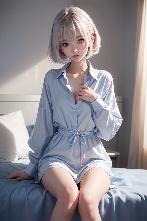 (In 8K、Raw photo、highest quality、High resolution、masterpiece:1.2)、White Tone,White, ,,White Hair,Gray Hair,white bed,Transparent silk pajamas ,Luxury cruise ship cabin、Suite Room、bed、sunny、balcony