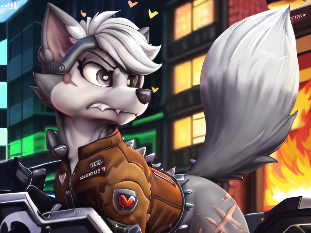 Gasket, ((Paw Patrol)), ((female solo)), domestic dog, female, adult female, brown eyes, (((gray fur)), ((gray body)), (wearing brown leather jacket:1.25), (wearing spike wristband:1.25), (feral:21.25) (quadruped:2.25), (hair over eyes:1.25), (white hair:1.25), ((sharp teeths)), ((large fangs)), gray eyes, (Shiny eyes:1.6), ((Pixar eyes)), perfect eyes, ((glowing eyes)), (hyper realistic:1.65), long fluffy tail, very large tail, tail up, very furry and fluffy, ((very large fangs)), perfect ligthing, (Cyberpunk city background:1.25), (building at fire at background:1.65), ((many hearts all over the screen)), (back side view:1.45), looking at Viewer, ((seductive break)), ((spread legs)), spread legs, (rajii:1.1) (dimwitdog:1.1), (thesecretcave:1.25), (cooliehigh:1.1), (miles-df:1.1), (complextree:1.1), (pixelsketcher:1.1), (foxovh:1.1), (zaush:1.1), (avante92:0.70), (meesh:1.1), (inu-sama:0.80), (cervina7:1.1), (F-R95:0.70), (R-mk:1.1), (xpray:1.1), (standing tall:1.65), (large fluffy tail:1.65), (close up to face:1.25), (pissed off expression:1.45), (scars all over her body:1.65), (riding a motorcycle:1.65)