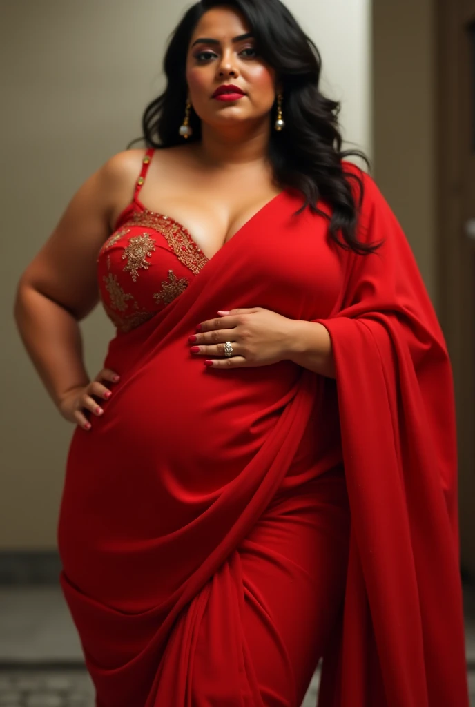 Sabitri Chatterjee bengali actress beautiful actress sexy curvy plus size model woman in a different red black yellow color Fit and flare Dress in village house, manga mala necklace ornament in necklace for wedding, Head Jewelry for wedding, busty, small curvy, mid body shot, she has a jiggly fat round belly, thick body, village area background.